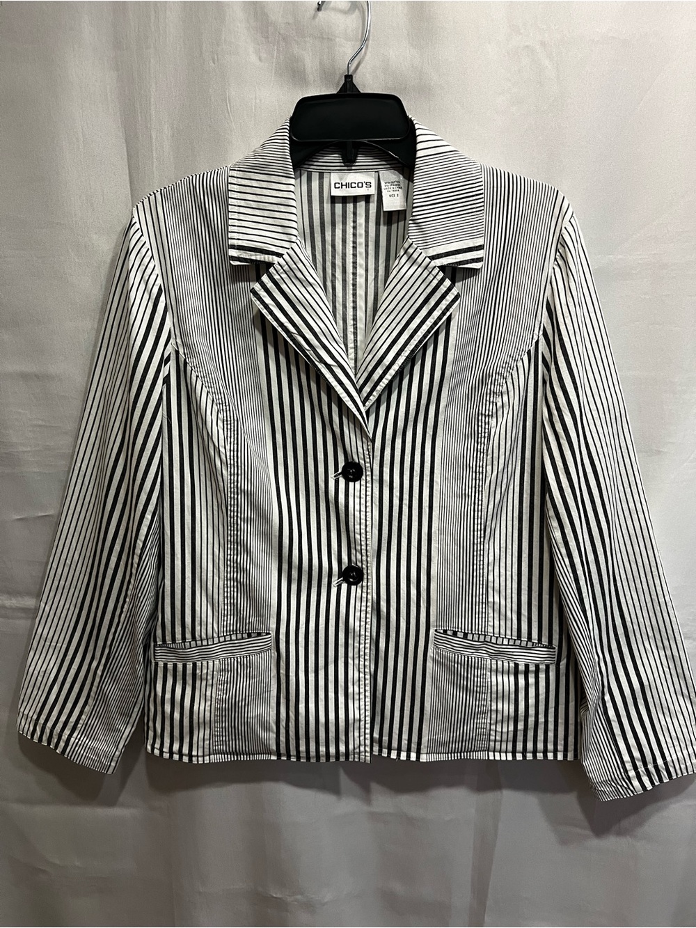 Chico's Charcoal and White Striped Cotton Blend Blazer Jacket Size 2 (L/12)